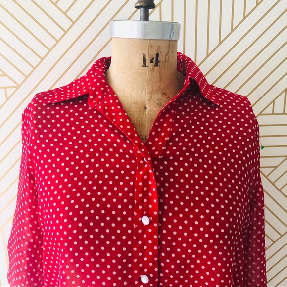 Draper’s & Damons Red Polka Dot Sheer Blouse, PS - Picture 2 of 8